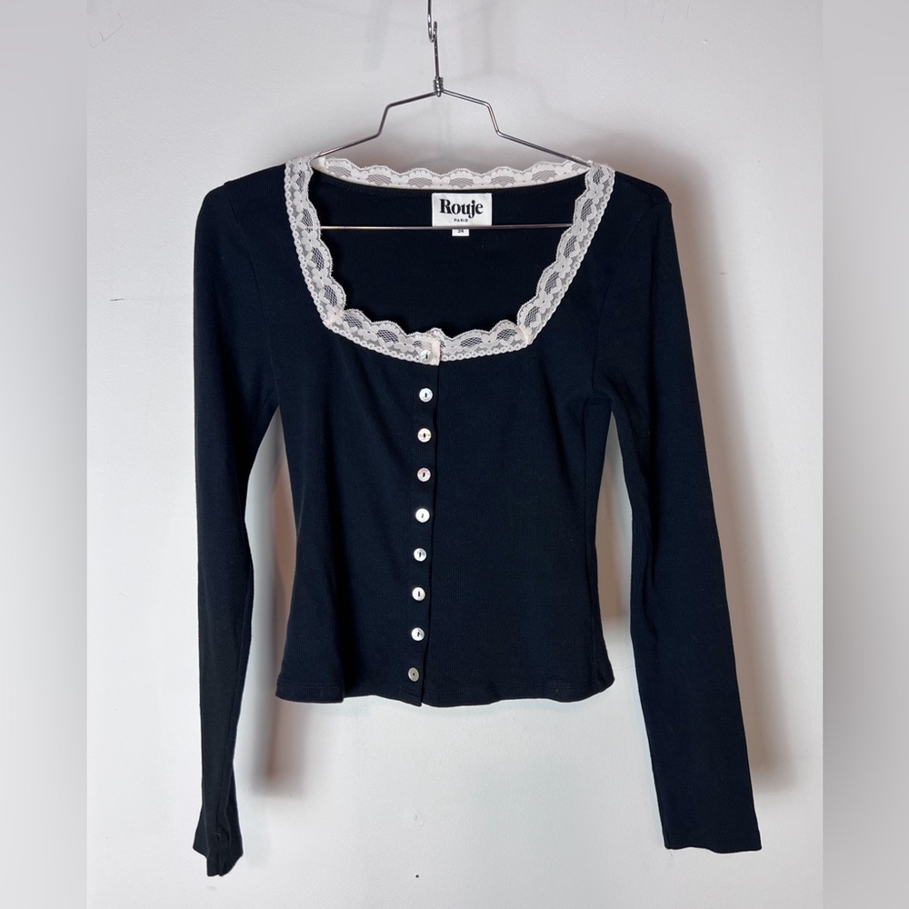 Rouje Paris Eugene Cardigan Top XS 34 Black White Lace Trim Ribbed Knit